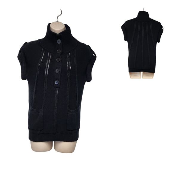 BCBG MAXAZRIA Women's Black Merino Wool Short Sleeve Button Up Sweater Sz XS - Picture 1 of 9